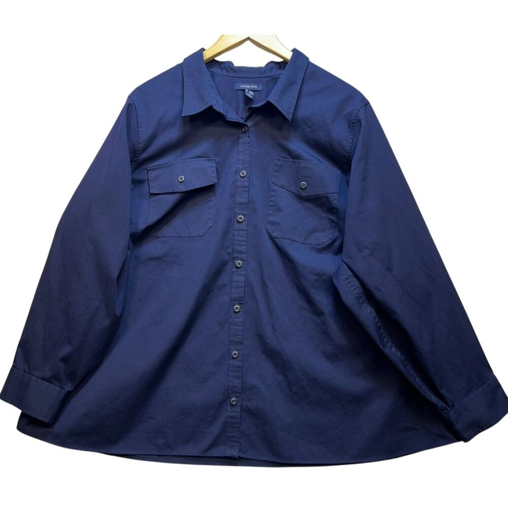 Land's End Men's Button Up Cotton Shirt Long Sleeve Size 4X Navy Blue Pockets